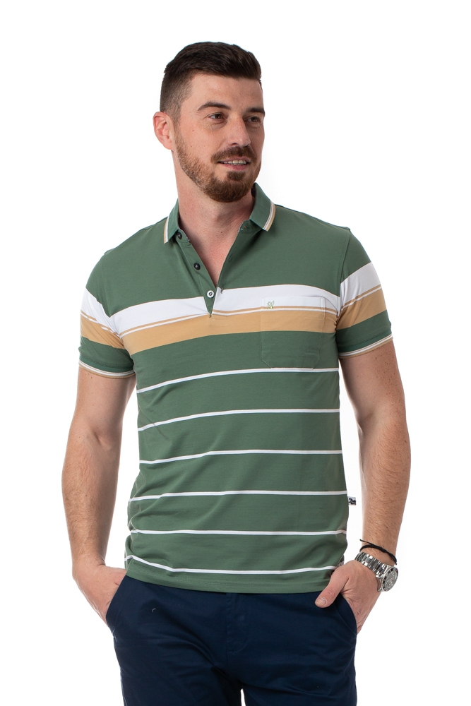 Imagine Tricou verde cu dungi bej 8819-3