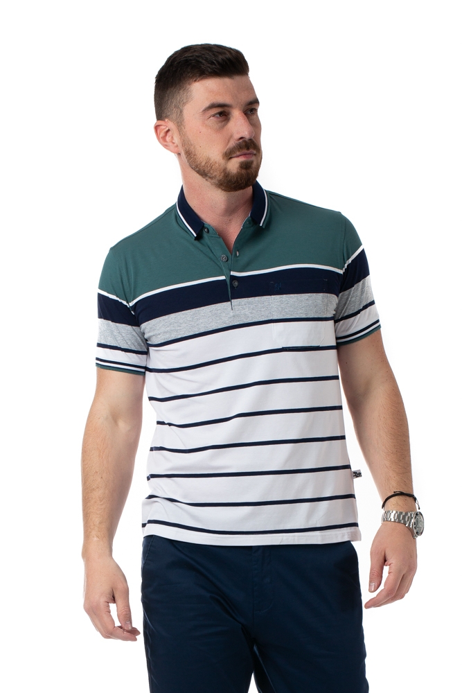 Imagine Tricou alb cu dungi bleumarin si verzi 2126-1