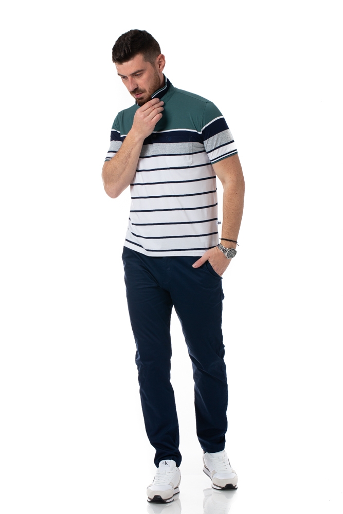 Imagine Tricou alb cu dungi bleumarin si verzi 2126-1