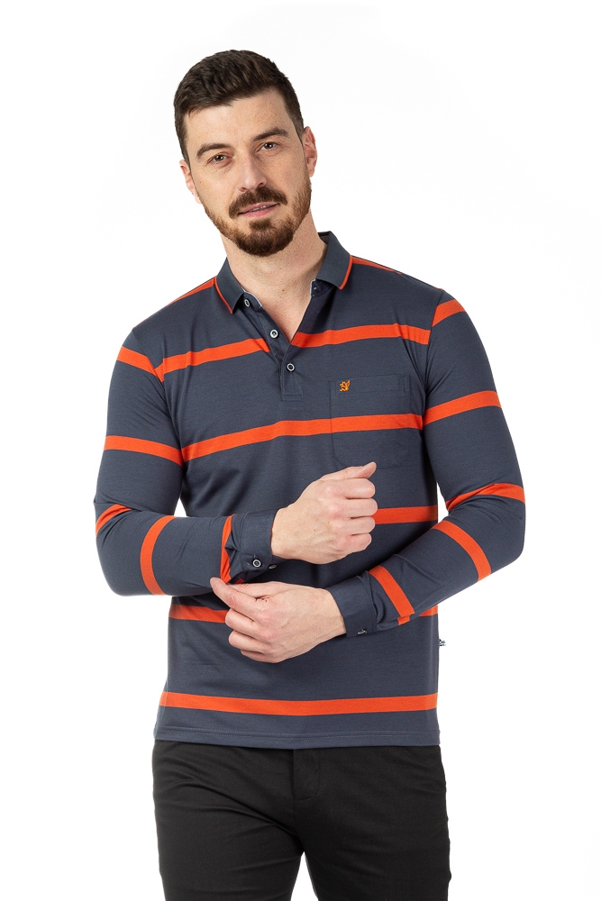 Imagine Tricou gri cu dungi portocalii 223-2