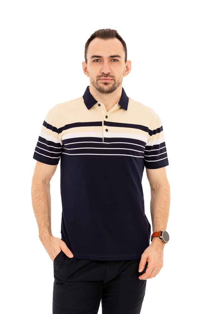 Imagine Tricou bleumarin cu dungi albe si galben pal WJ001S L. GREEN