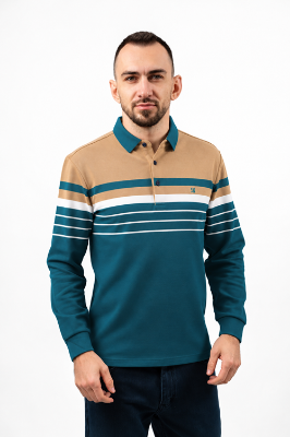 Imagine Tricou verde petrol cu dungi albe si galben camel GL001L-2