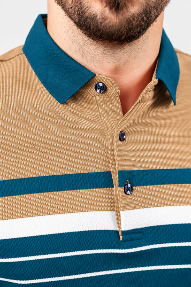 Imagine Tricou verde petrol cu dungi albe si galben camel GL001L-2